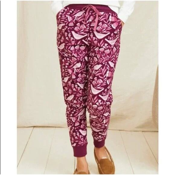 Garnet Hill Organic Pima Cotton Flannel Joggers Maroon Bird Floral Size XS NWT - Picture 1 of 9